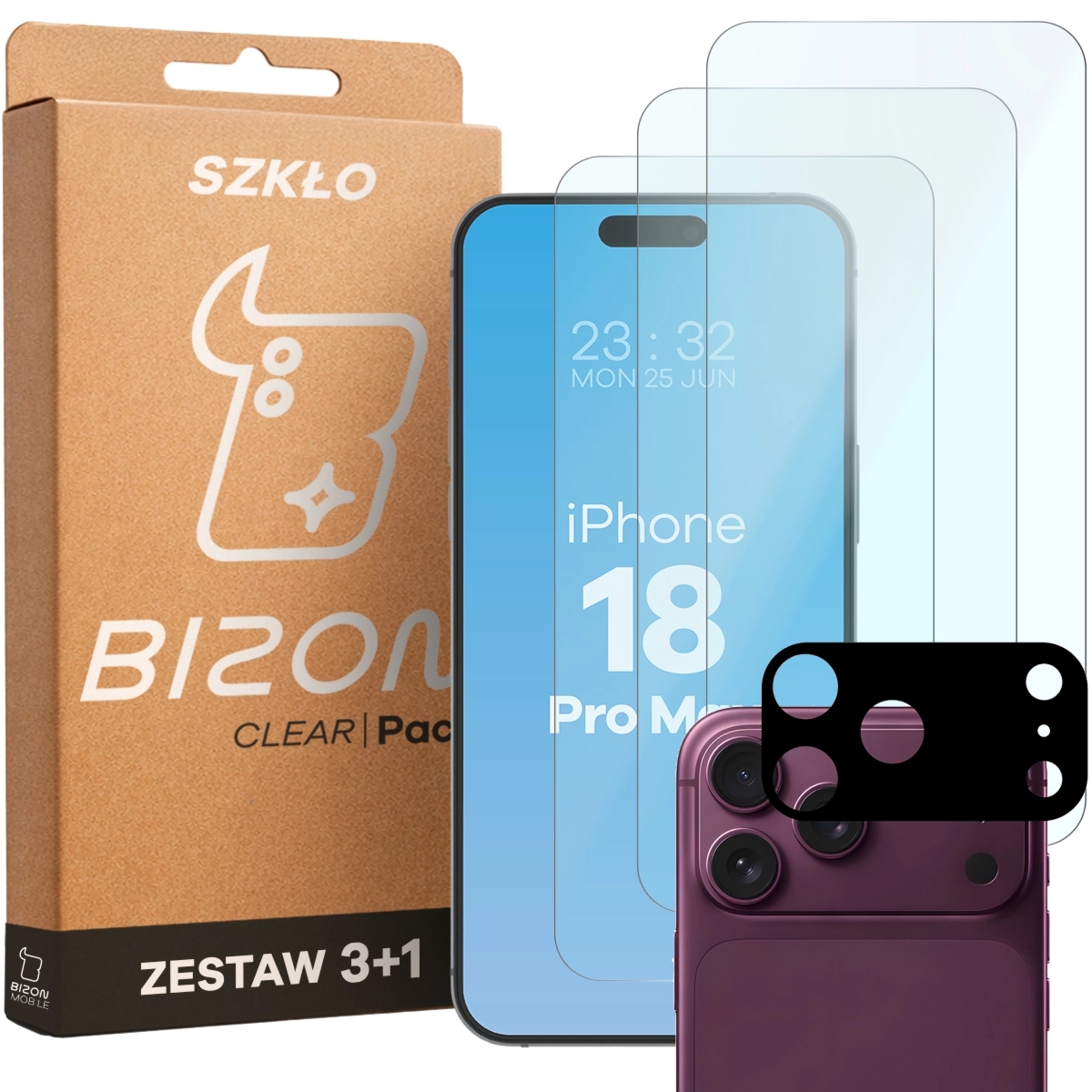 3x Szkło hartowane + szybka na aparat Bizon Glass Clear Pack do iPhone 18 Pro Max