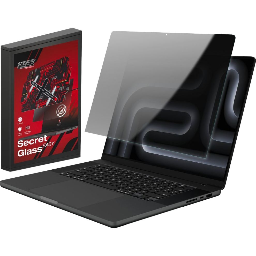 Szkło hybrydowe, prywatyzujące na ekran Grizz SecretGlass Easy do MacBook Pro 16″ M5 Pro 2026 z aplikatorem, matowe