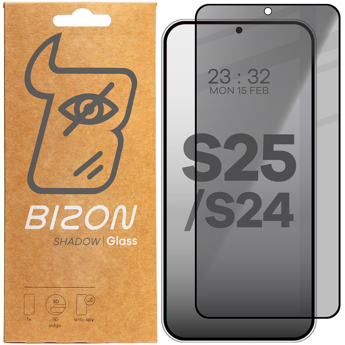 Prywatyzujące szkło hartowane Bizon Glass Edge Shadow do Galaxy S25 / S24, przyciemniane z czarną ramką