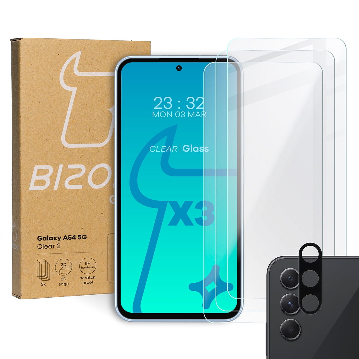 Image of 3x Szkło hartowane + szybka na aparat Bizon Glass Clear 2 Pack do Galaxy A54 5G