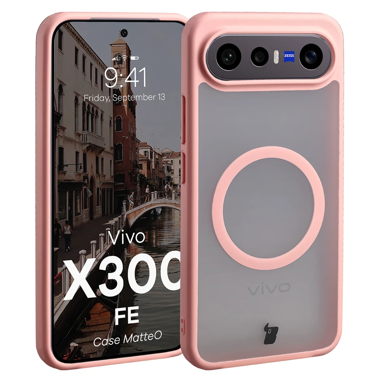 Etui z pierścieniem magnetycznym Bizon Case MatteO do Vivo X300 FE, przydymione-jasnoróżowe