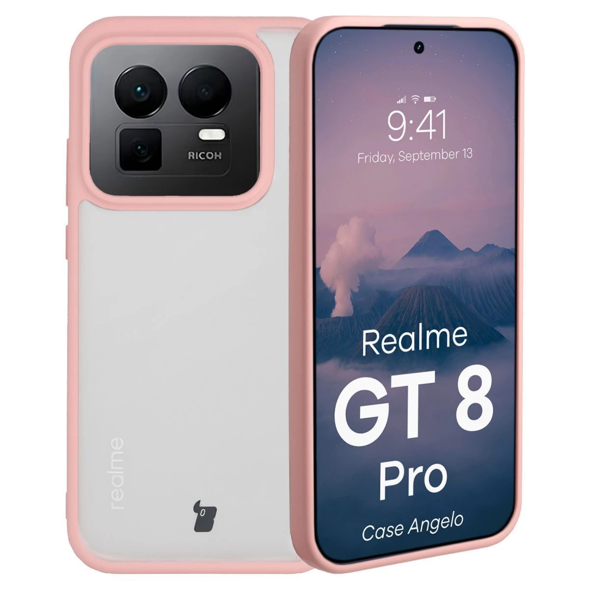 Etui Bizon Case Angelo do Realme GT 8 Pro, półprzezroczyste z jasnoróżową ramką