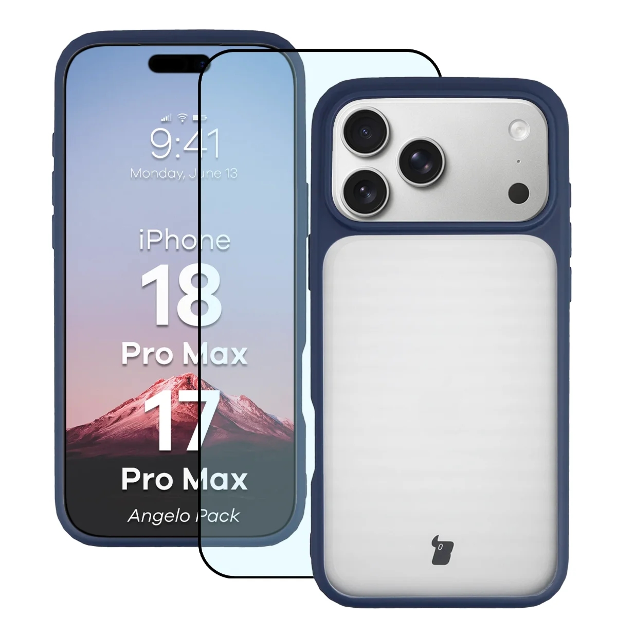 Etui + szkło hartowane Bizon Angelo Pack do iPhone 18 Pro Max / 17 Pro Max, półprzezroczyste z granatową ramką