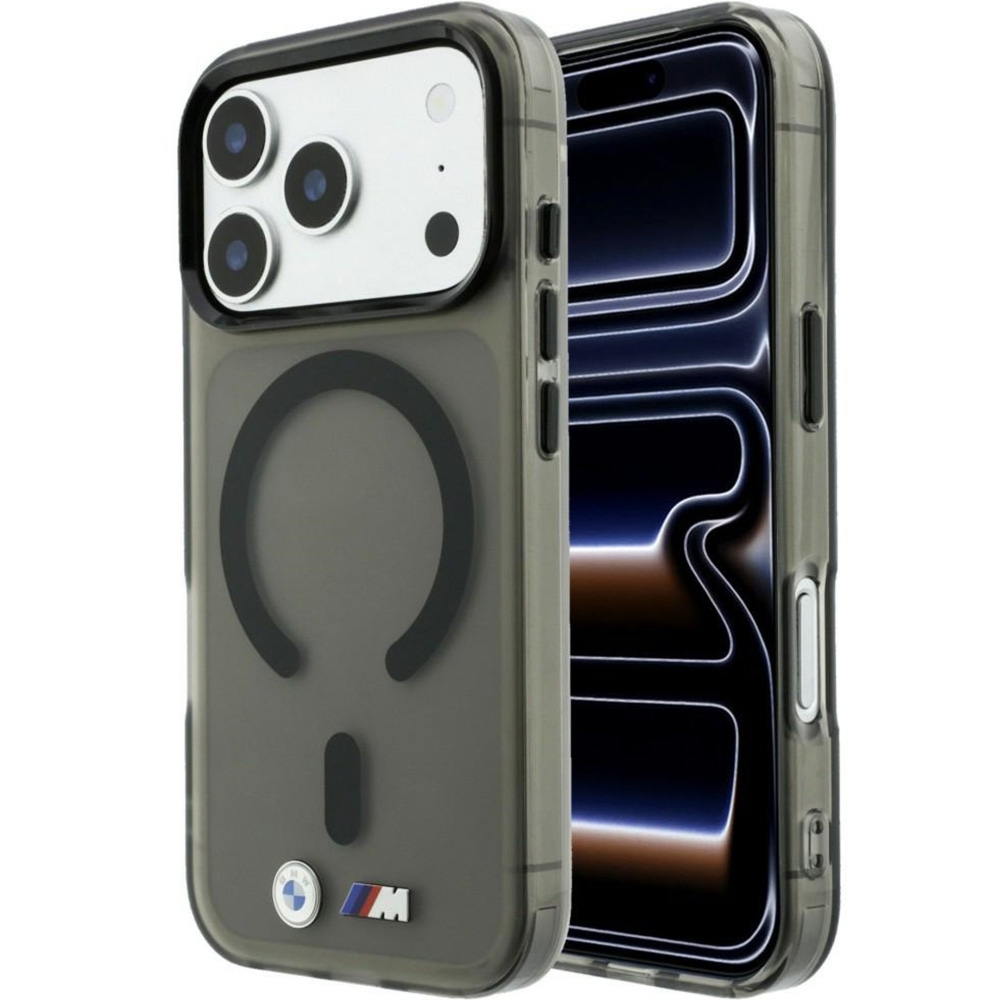 Etui BMW M IML Frosted Metal Logo Trims do iPhone 18 Pro / 17 Pro, do MagSafe, antracytowo-przydymione