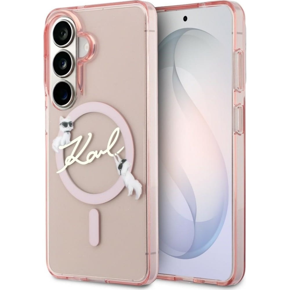 OUTLET: Etui Karl Lagerfeld IML Print MagSafe Karl Script do Galaxy S26, półprzezroczyste różowe z kotką Choupette