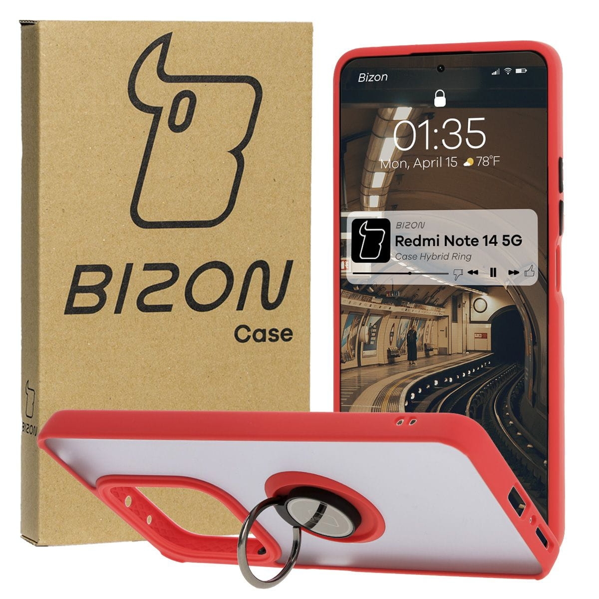 Image of Etui z uchwytem na palec Bizon Case Hybrid Ring do Xiaomi Redmi Note 14 5G, przydymione z czerwoną ramką