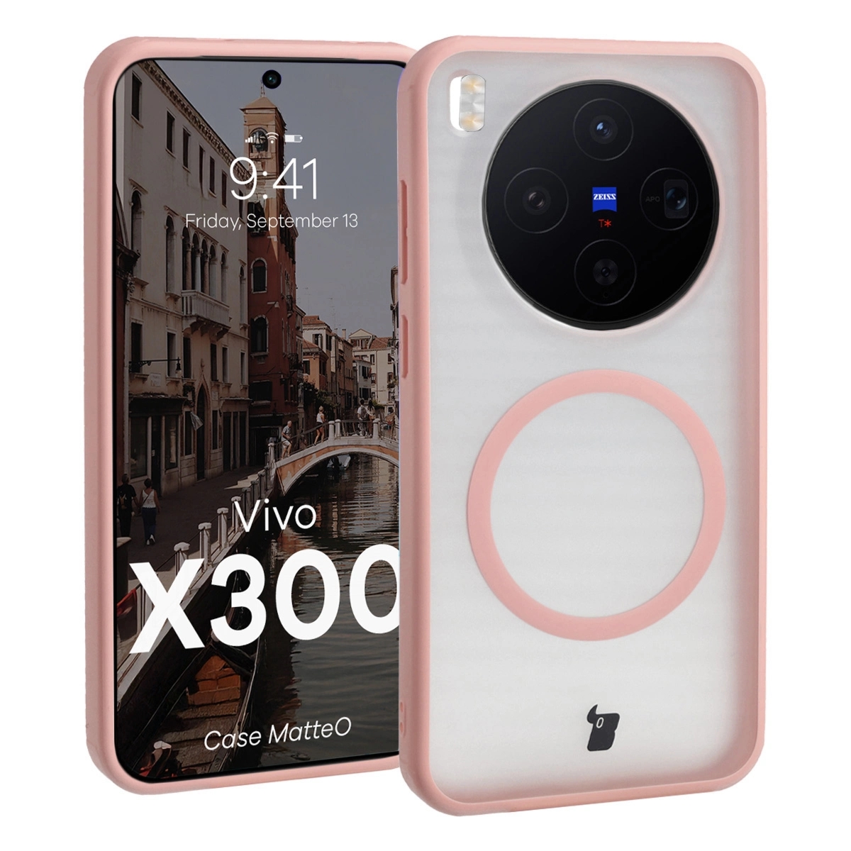 Etui z pierścieniem magnetycznym Bizon Case MatteO do Vivo X300, przydymione-jasnoróżowe