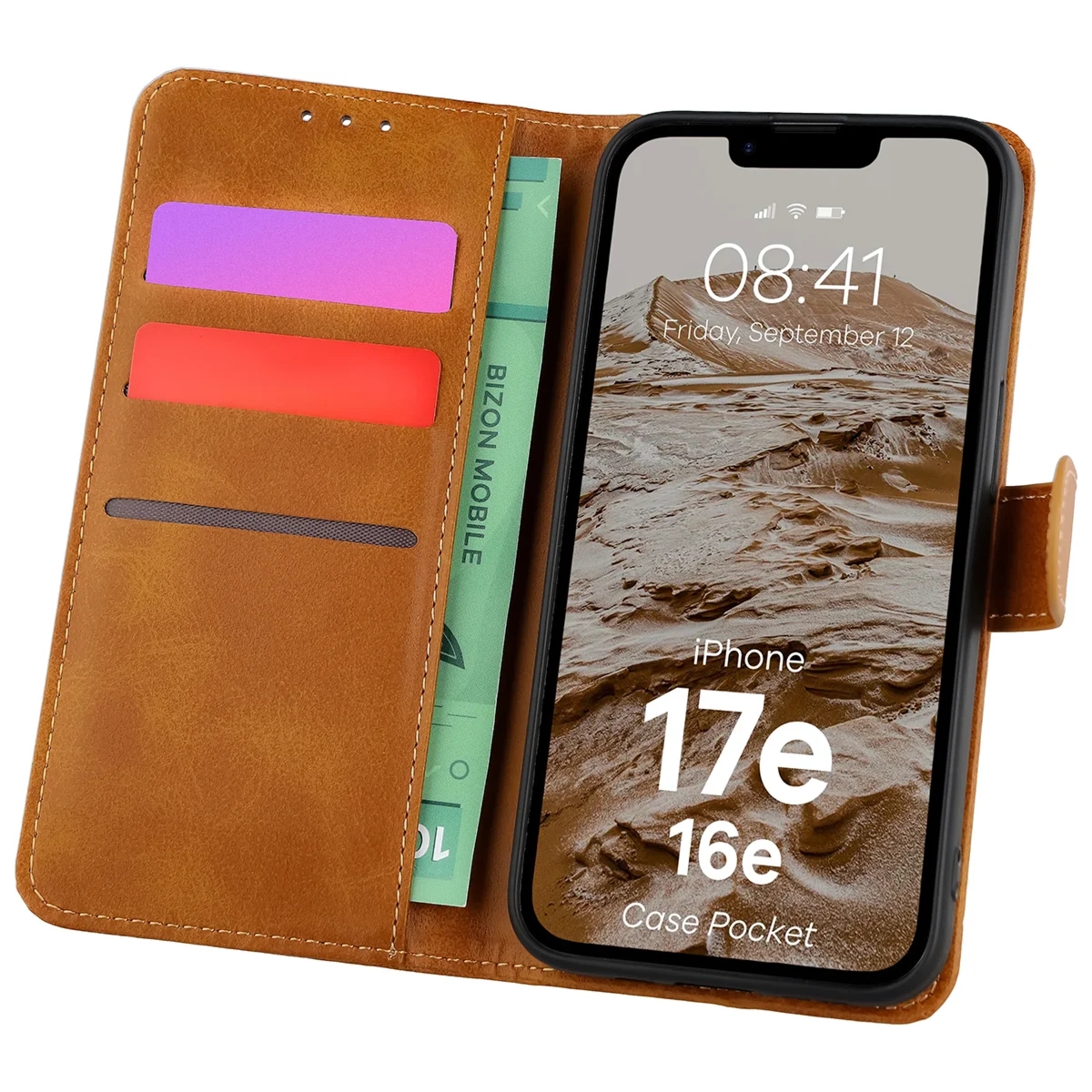 Etui z klapką Bizon Case Pocket do iPhone 17e / 16e, brązowe