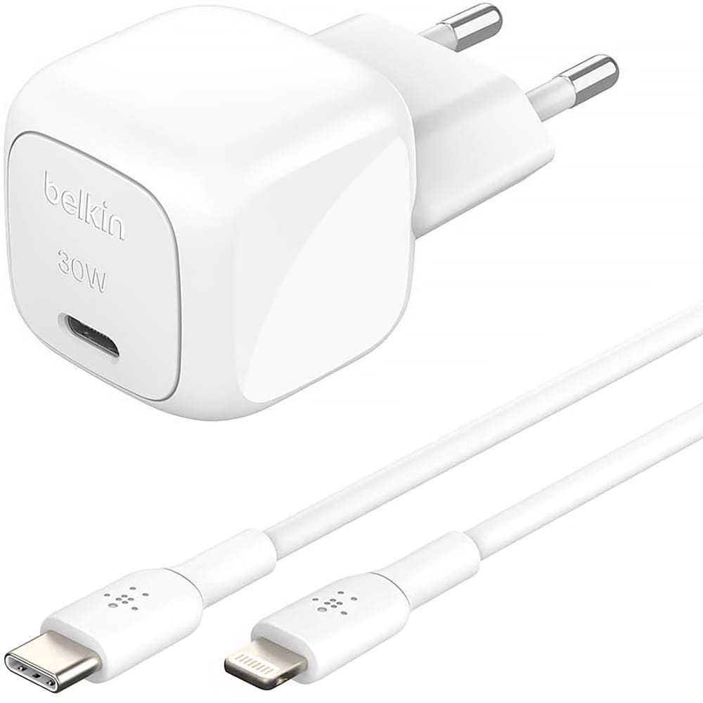 Image of Ładowarka sieciowa Belkin Boost Compact USB-C PD 3.1 30W + kabel Lightning 1m, biała