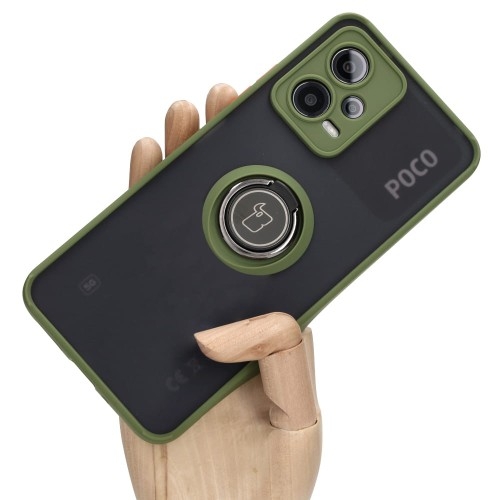 Image of Etui z uchwytem na palec Bizon Case Hybrid Ring do Xiaomi Poco X5 / Redmi Note 12 5G, przydymione z zieloną ramką