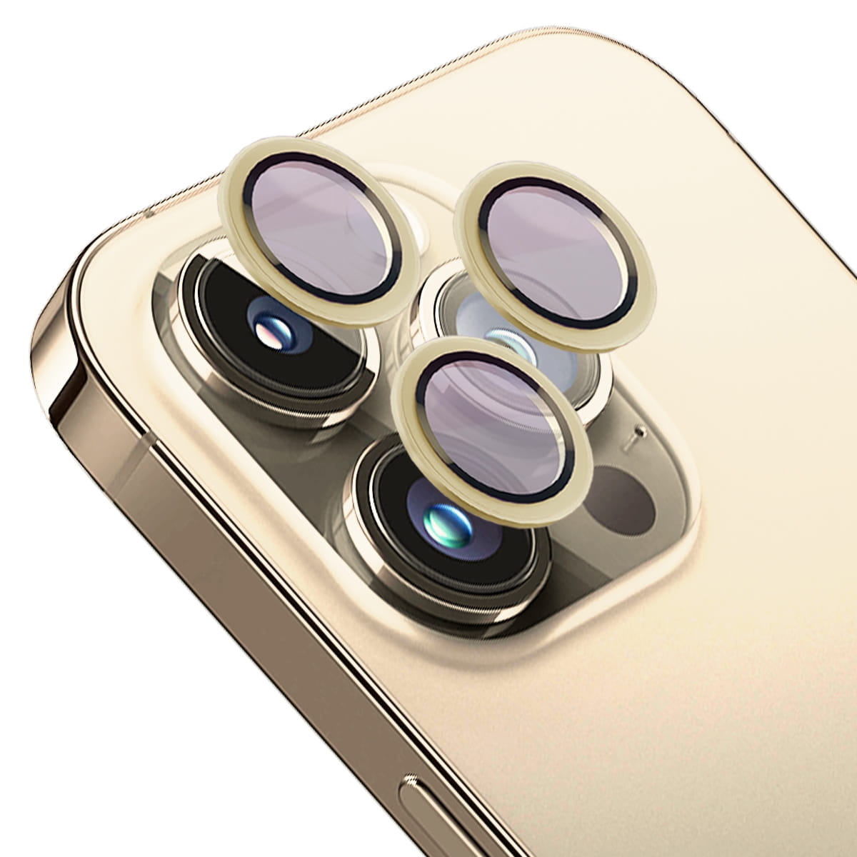 Image of Szkło hartowane na aparat z aplikatorem Bizon Glass Snap Lens do iPhone 14 Pro/14 Pro Max, 1 zestaw, złota ramka