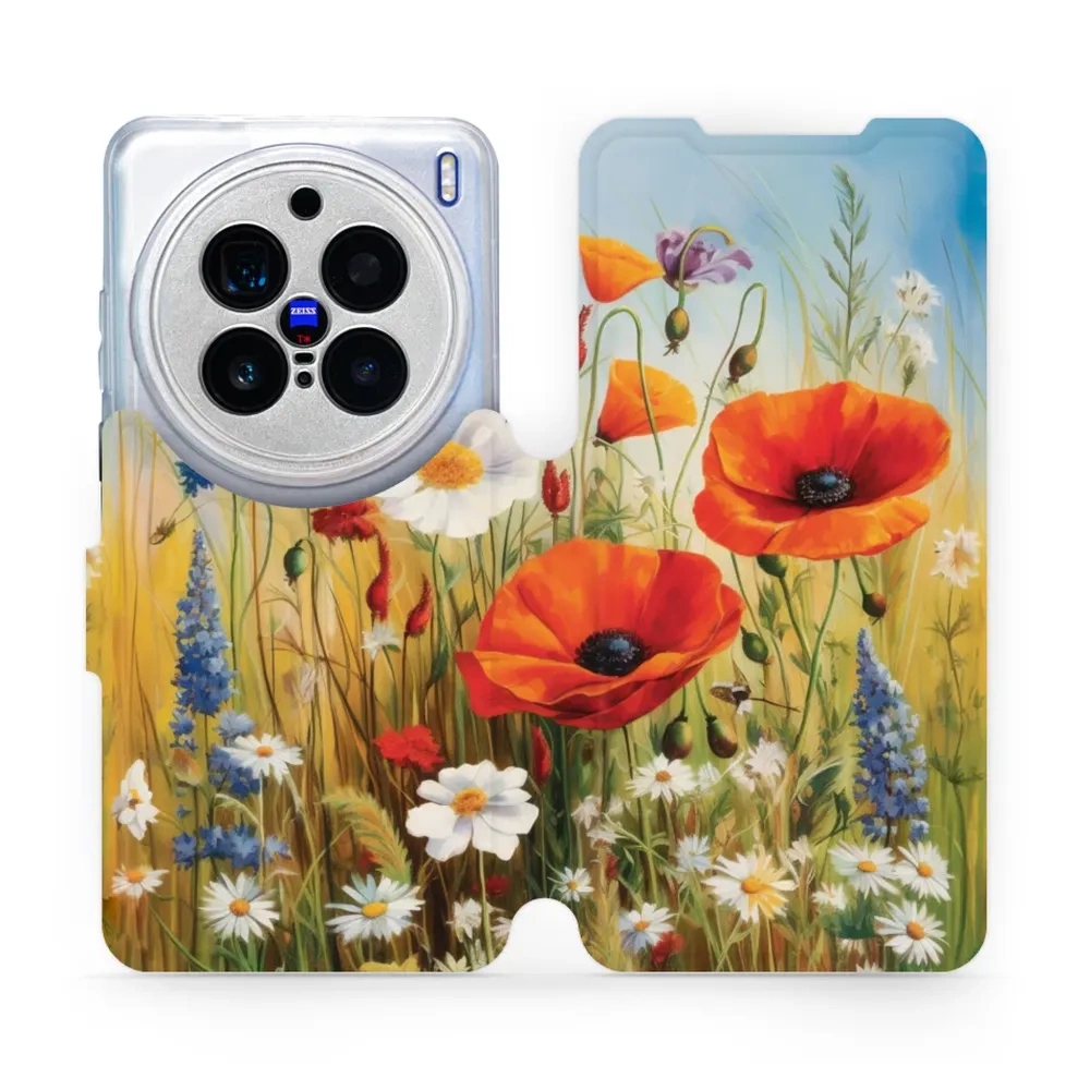 Etui z klapką do Vivo X200 Pro, Mobiwear Book, łąkowe kwiaty