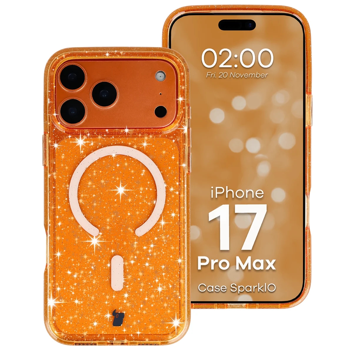 Etui brokatowe z pierścieniem magnetycznym Bizon Case SparklO do iPhone 17 Pro Max, przezroczysto-pomarańczowe z brokatem