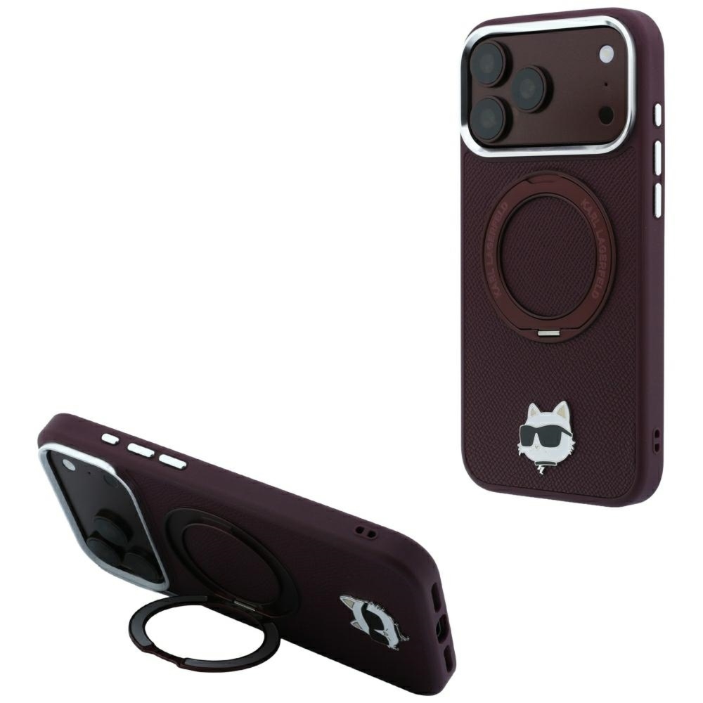 Etui Karl Lagerfeld Ring Stand 360 Choupette Head Pin do iPhone 18 Pro Max / 17 Pro Max do MagSafe, burgundowe