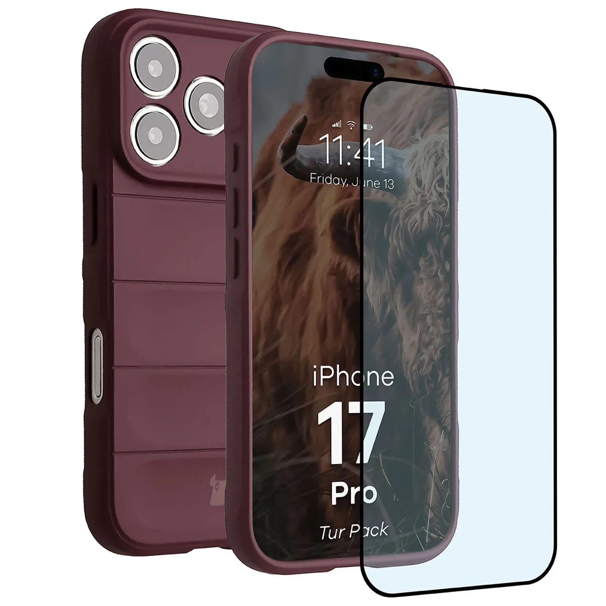 Pancerne etui + szkło hartowane Bizon Tur Pack do iPhone 17 Pro, burgundowe