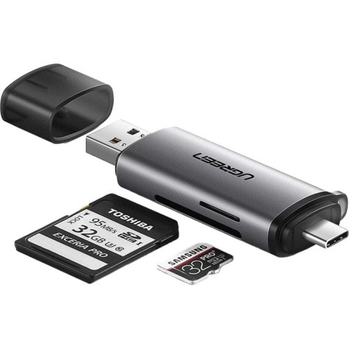 Image of Adapter, czytnik kart SD / microSD na USB 3.0 i USB-C Ugreen, szary