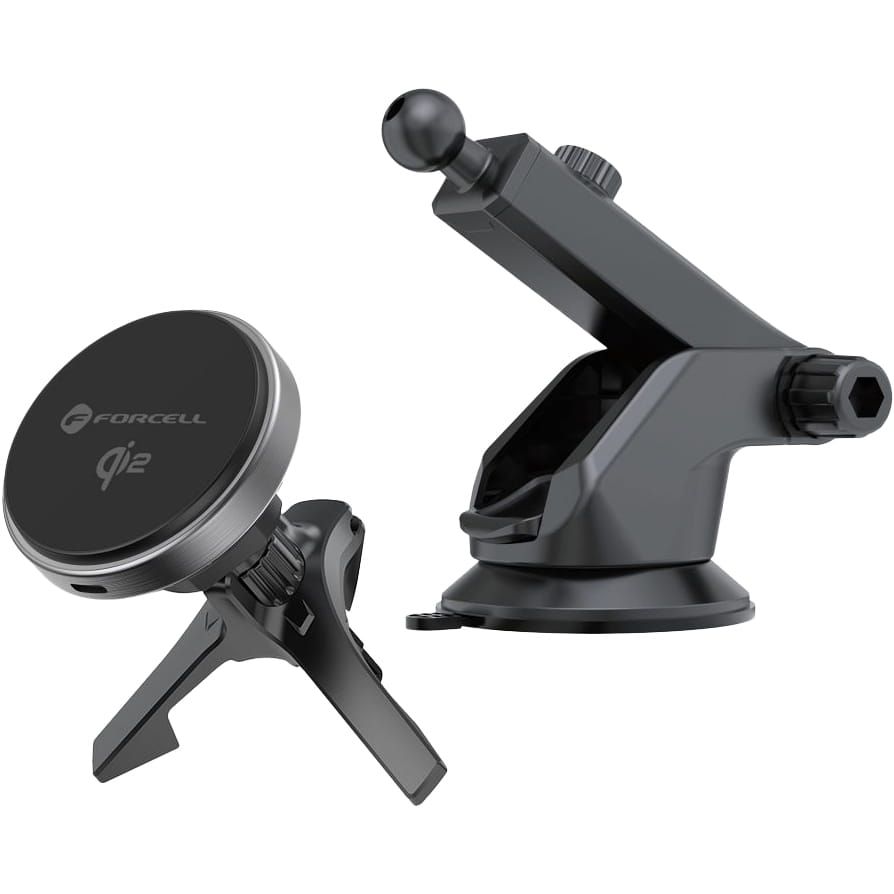 Image of Uchwyt samochodowy z ładowaniem indukcyjnym na kratkę wentylacyjną / szybę / deskę rozdzielczą do MagSafe, Forcell F-Grip Rapid Charge, 15W, Qi2, czarny