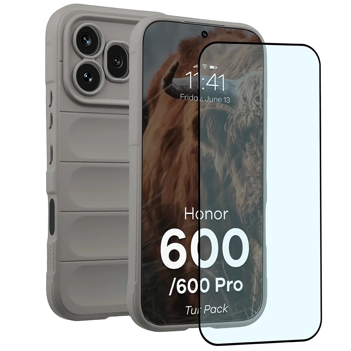 Pancerne etui + szkło hartowane Bizon Tur Pack do Honor 600 5G / 600 Pro 5G, jasnoszare