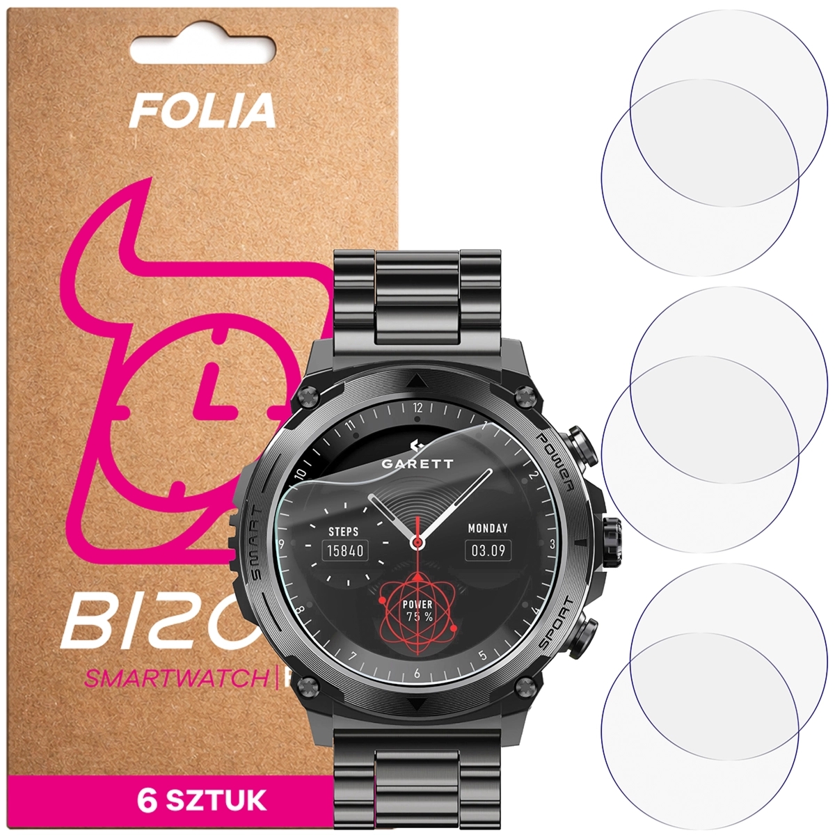 Folia ochronna na ekran zegarka Bizon Watch Film HydroFlex do Garett Atom, 6 sztuk