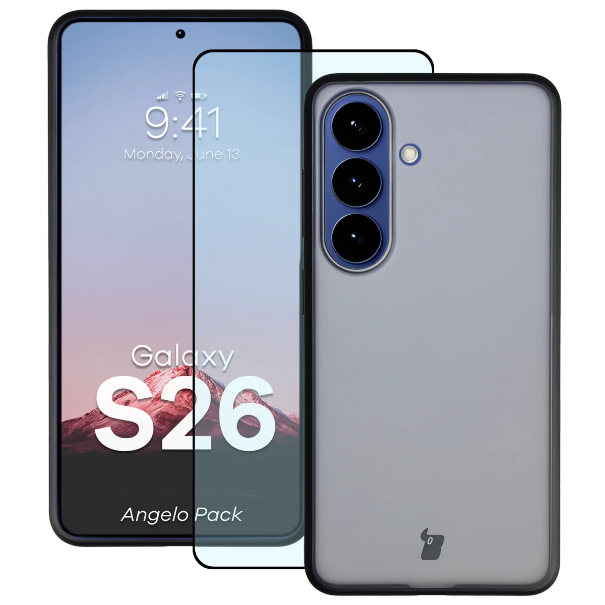 Etui + szkło hartowane Bizon Angelo Pack do Galaxy S26, przydymione z czarną ramką