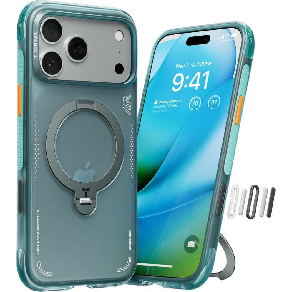 Etui z obrotową podstawką 360° Torras Ostand Q3 Air do MagSafe do iPhone 17 Pro, turkusowe