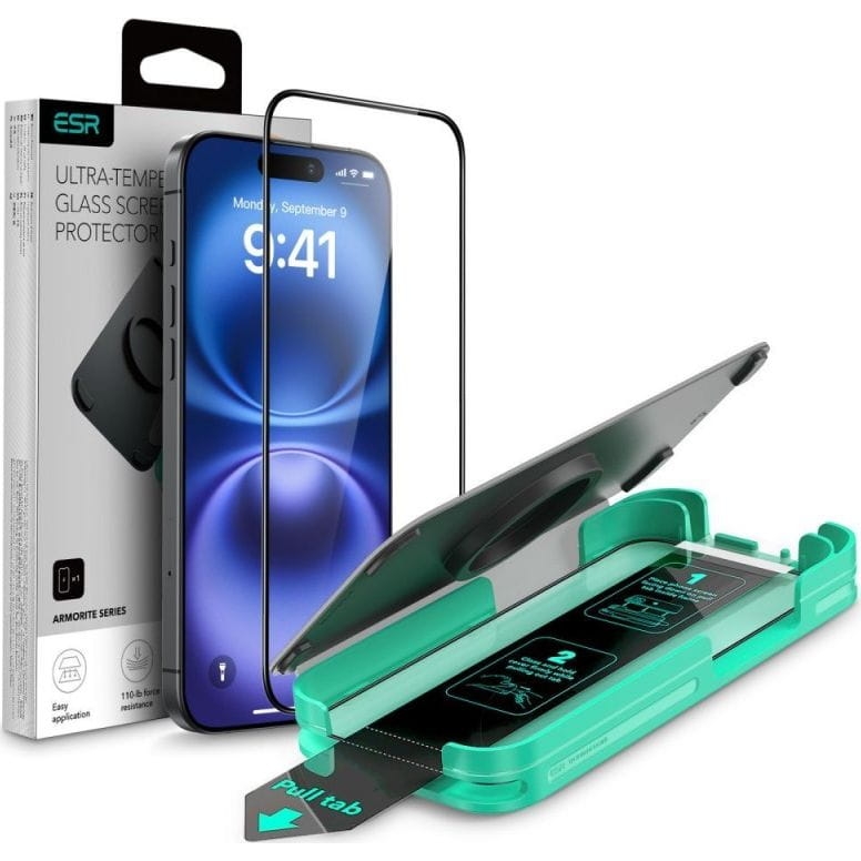 Image of Szkło hartowane na ekran z aplikatorem, ESR Armorite do iPhone 16 Pro, czarna ramka