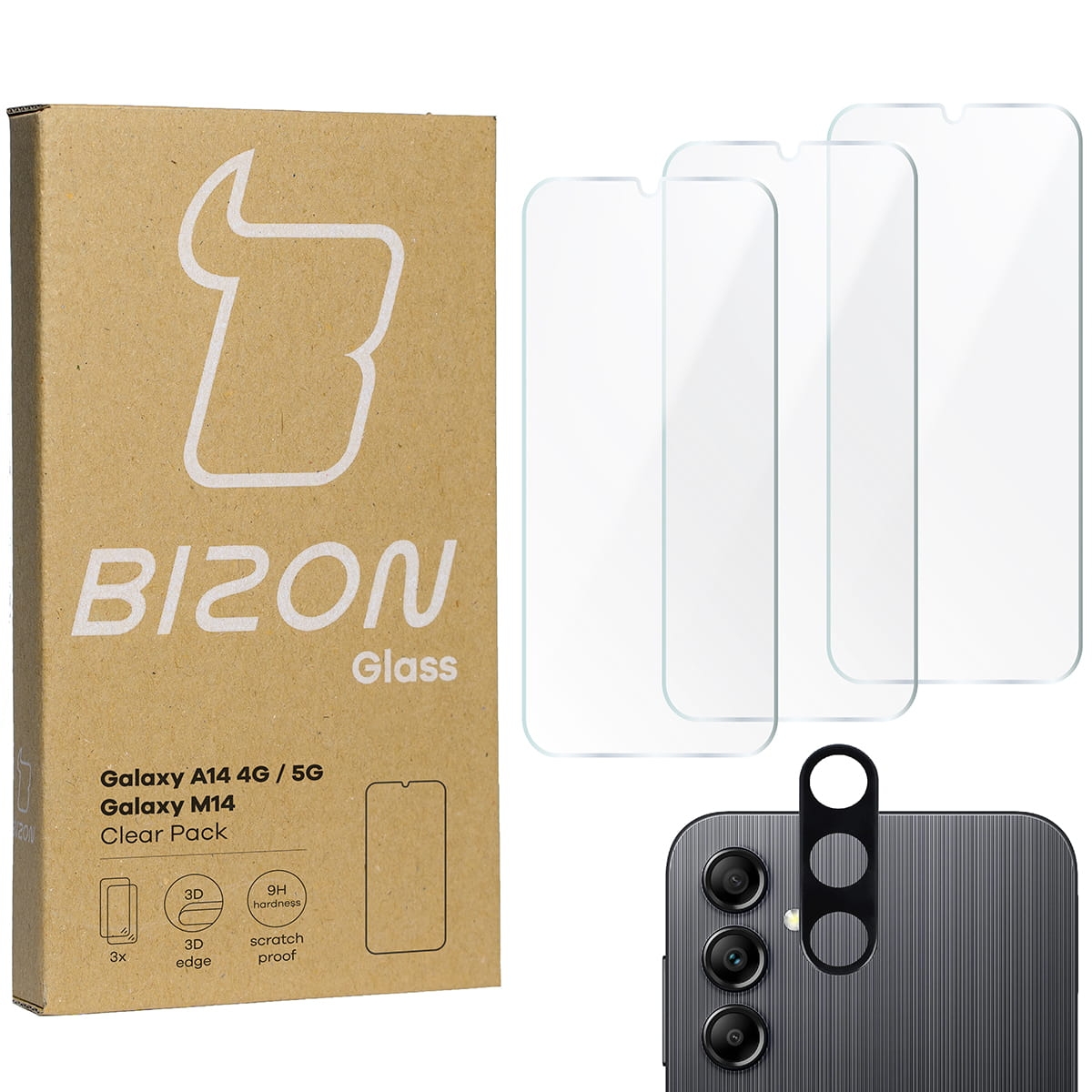 Image of 3x Szkło hartowane + szybka na aparat Bizon Glass Clear 2 Pack do Galaxy A14 4G/5G, M14