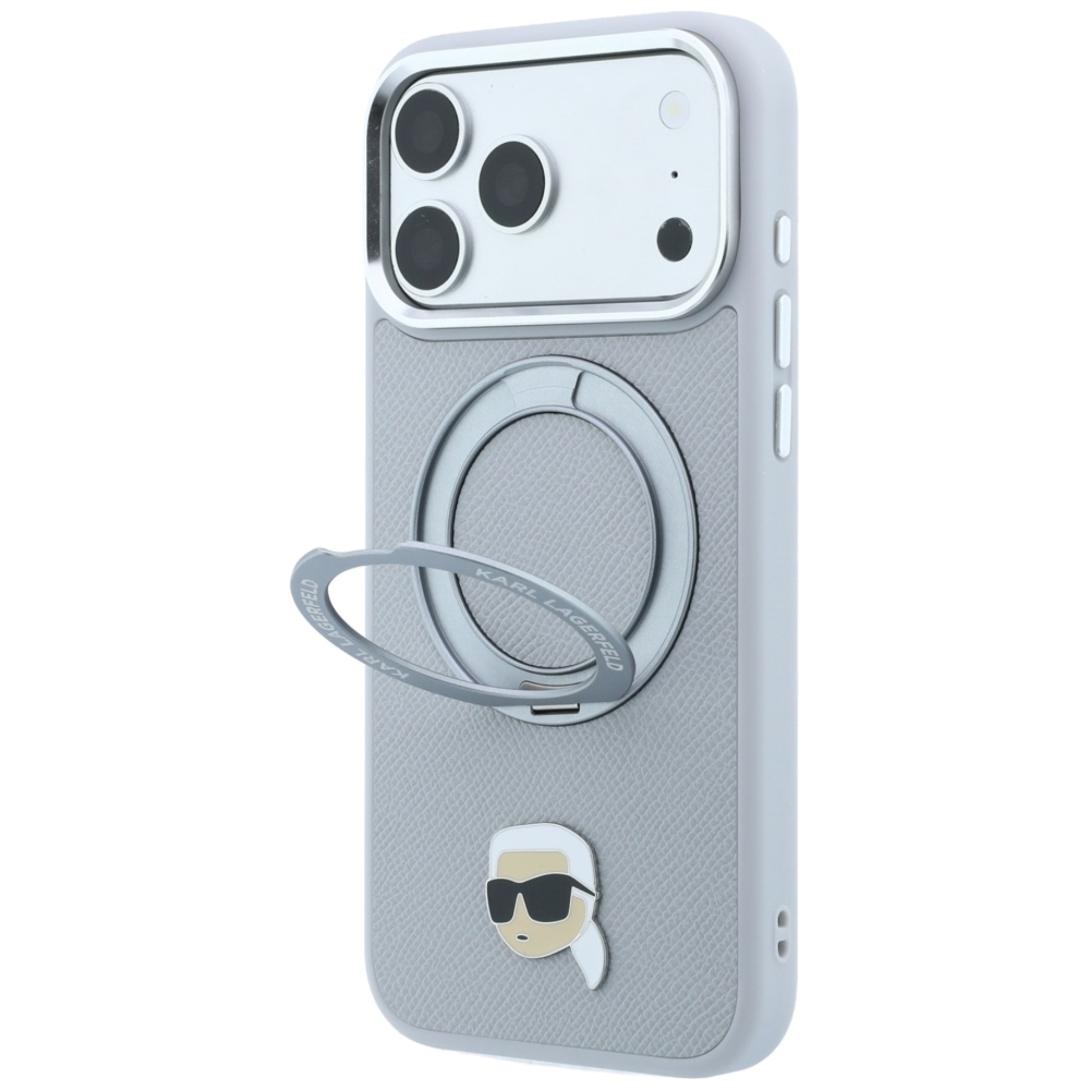 Etui Karl Lagerfeld Ring Stand 360 Karl Head Pin do iPhone 18 Pro / 17 Pro do MagSafe, szare