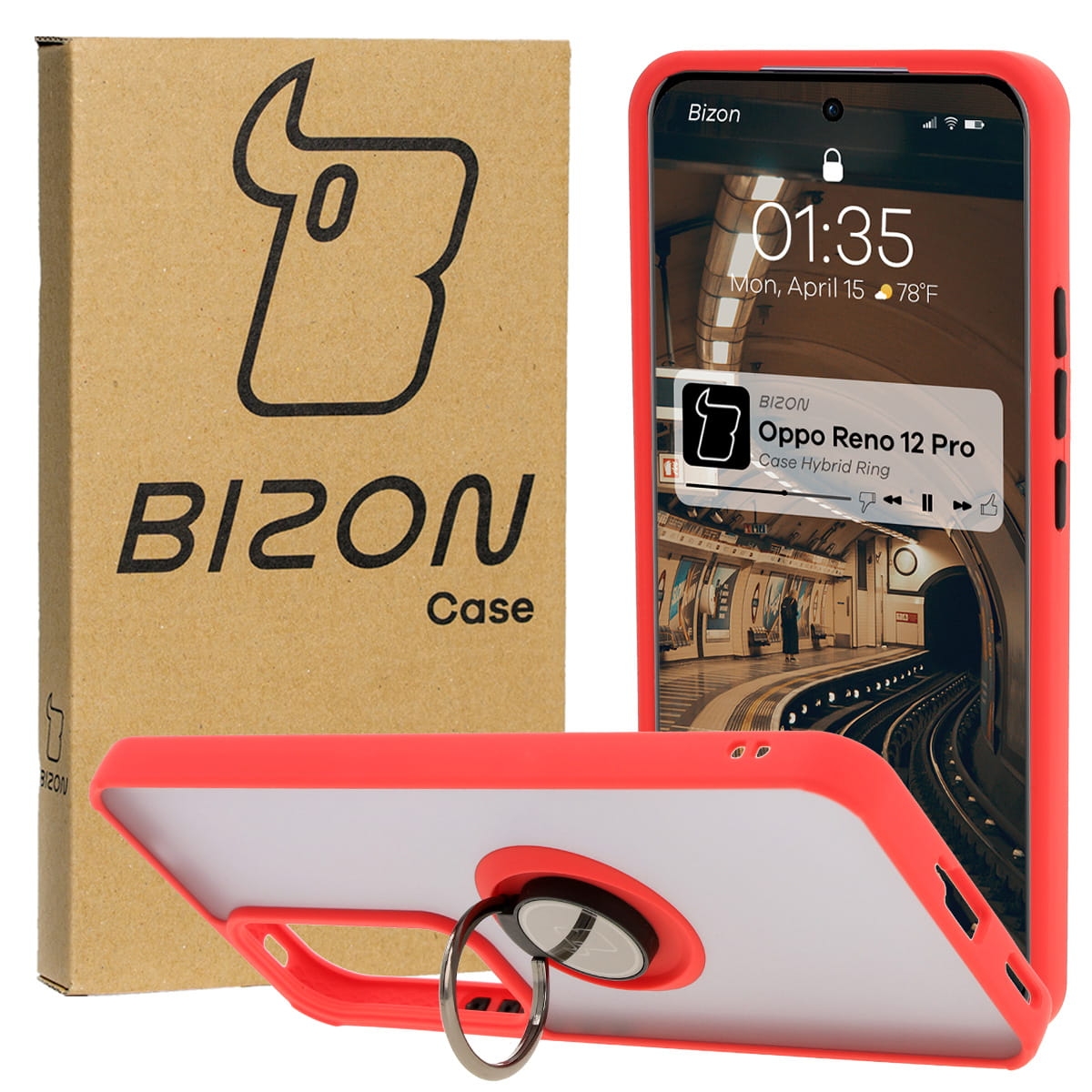 Image of Etui z uchwytem na palec Bizon Case Hybrid Ring do Oppo Reno 12 Pro, przydymione z czerwoną ramką