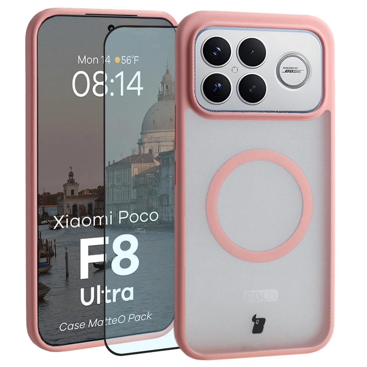 Etui z pierścieniem magnetycznym + szkło hartowane Bizon MatteO Pack do Xiaomi POCO F8 Ultra, przydymione-jasnoróżowe
