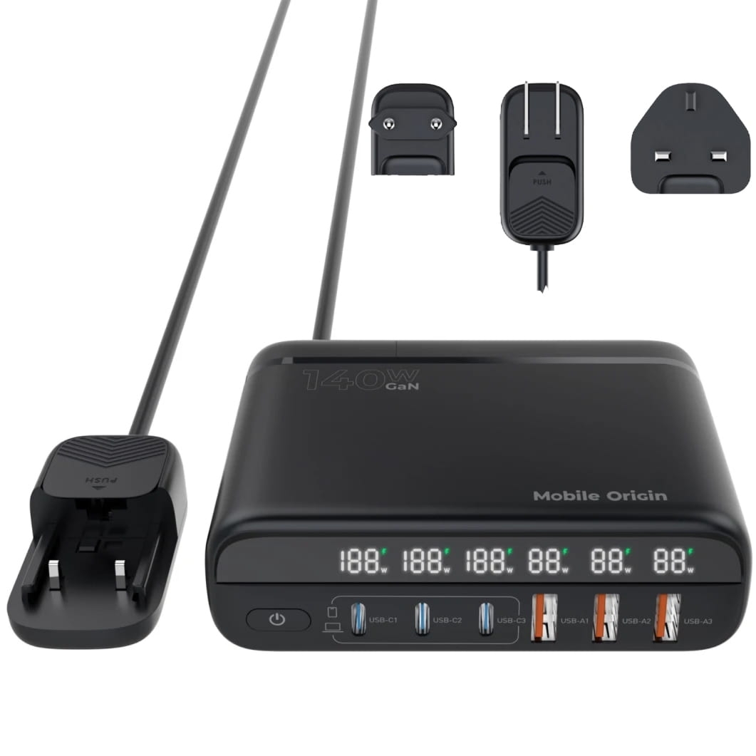Ładowarka sieciowa, HUB GaN 3x USB-C PD, 3x USB-A QC, 140W, Mobile Origin Travel Charger, adaptery UK / USA / EU, kabel zasilający i USB-C, czarna
