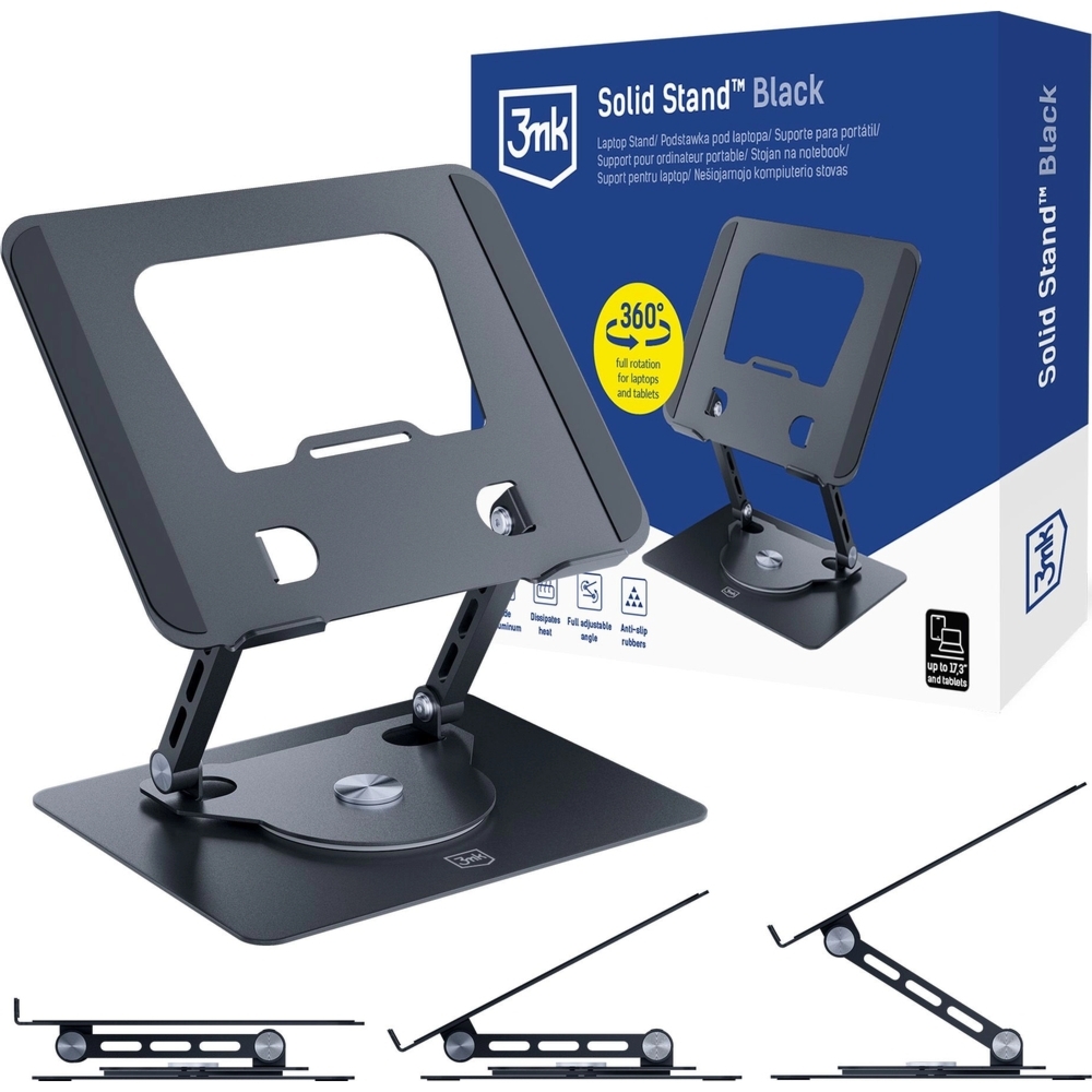 Podstawka pod laptop i tablet do 17,3″, 3mk Solid Stand, obrót 360°, czarny