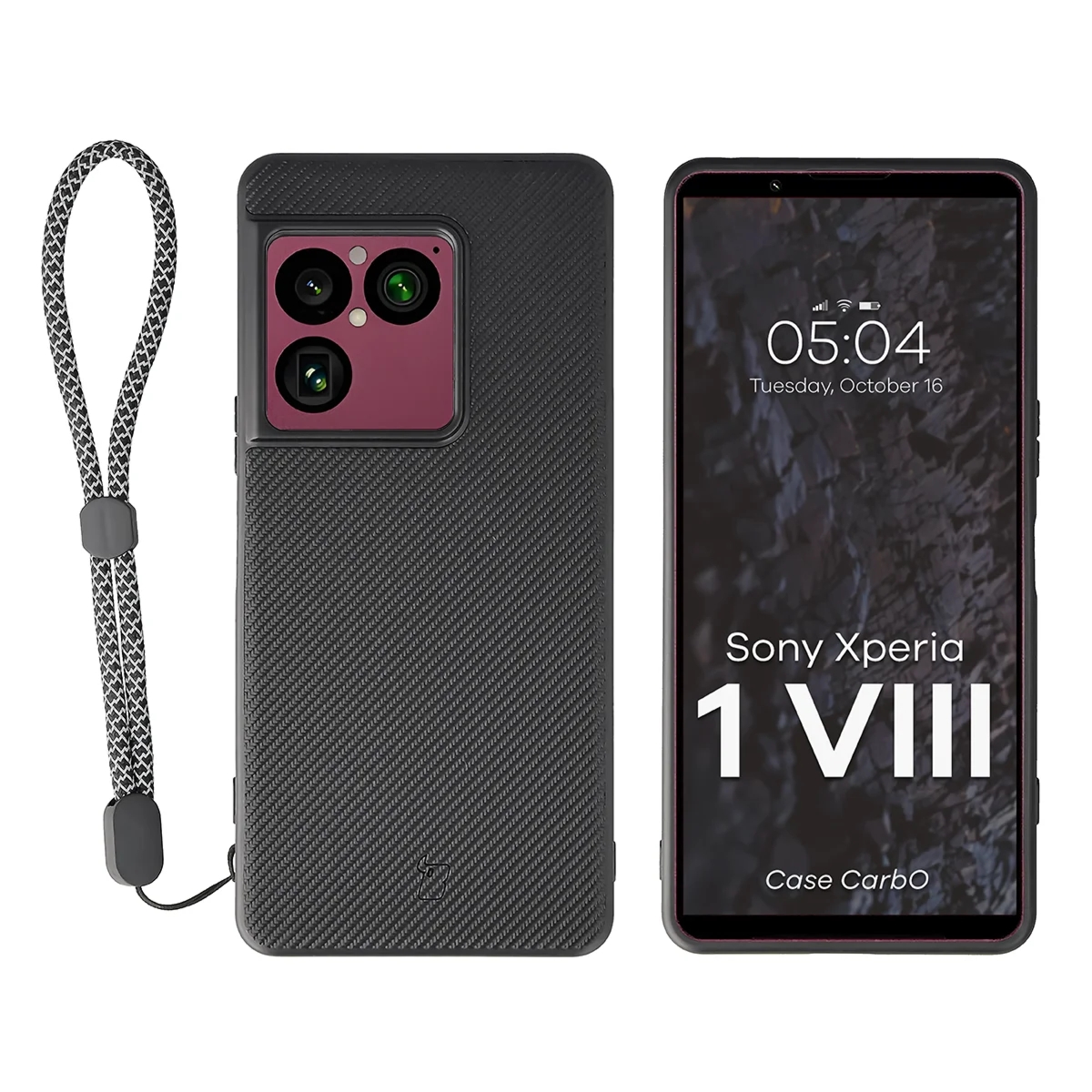 Etui ze smyczką na nadgarstek i pierścieniem magnetycznym Bizon Case CarbO do Sony Xperia 1 VIII, czarne