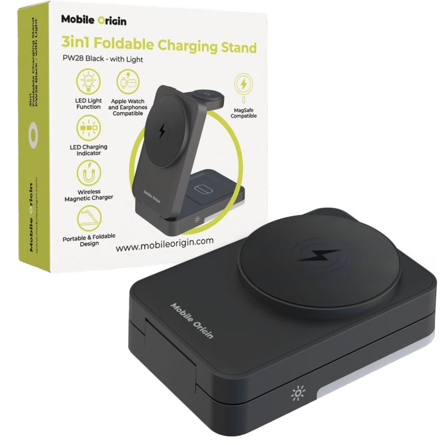 Składana ładowarka indukcyjna 3w1, Qi 15W, Mobile Origin Foldable Charging Stand PW28, 27W, kabel USB-C, czarna