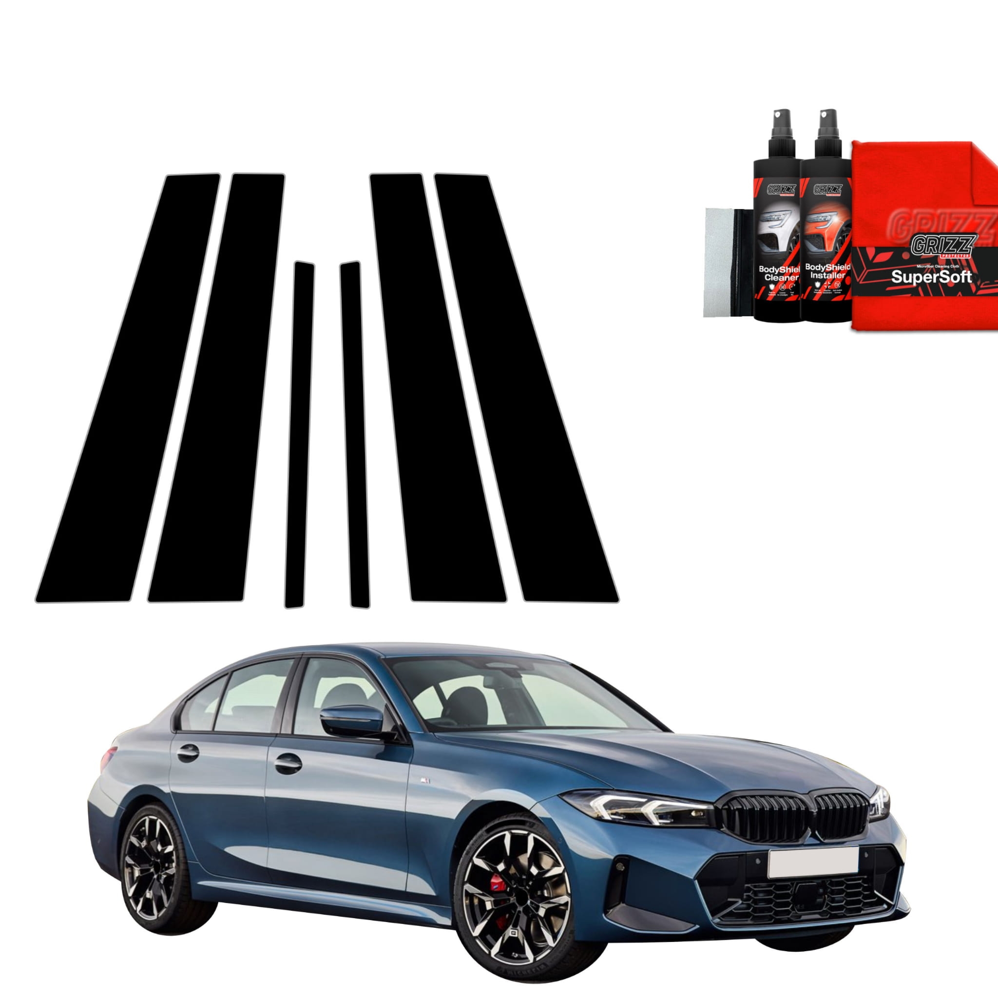 6w1 Czarna folia Grizz Protector na słupki do BMW 3 Sedan (2025-2026)