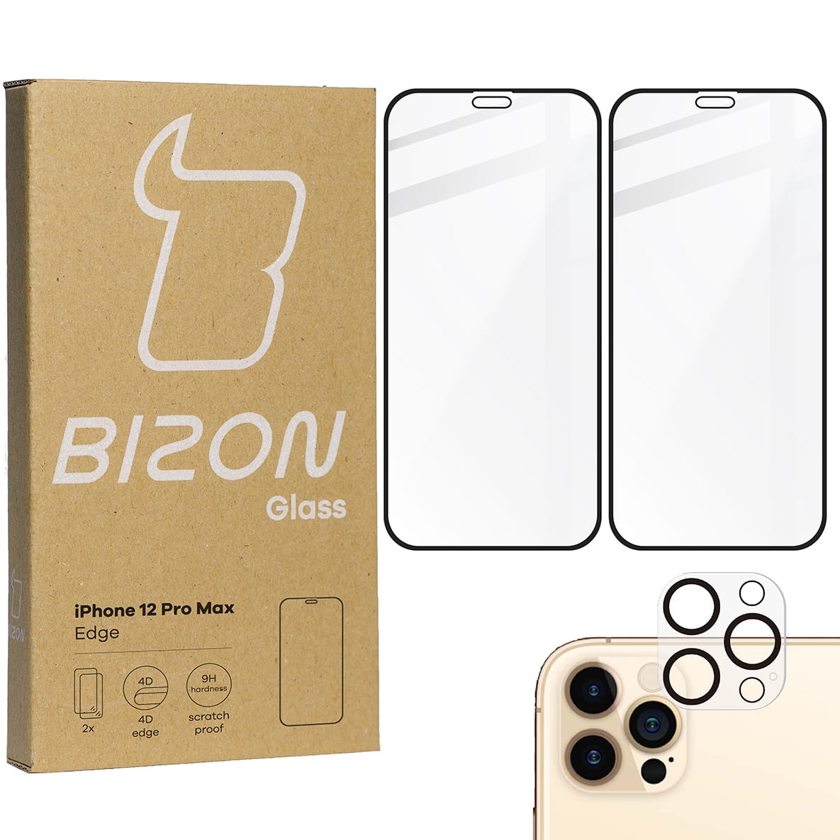 Image of 2x Szkło + szybka na aparat Bizon Edge Pack, iPhone 12 Pro Max, czarne