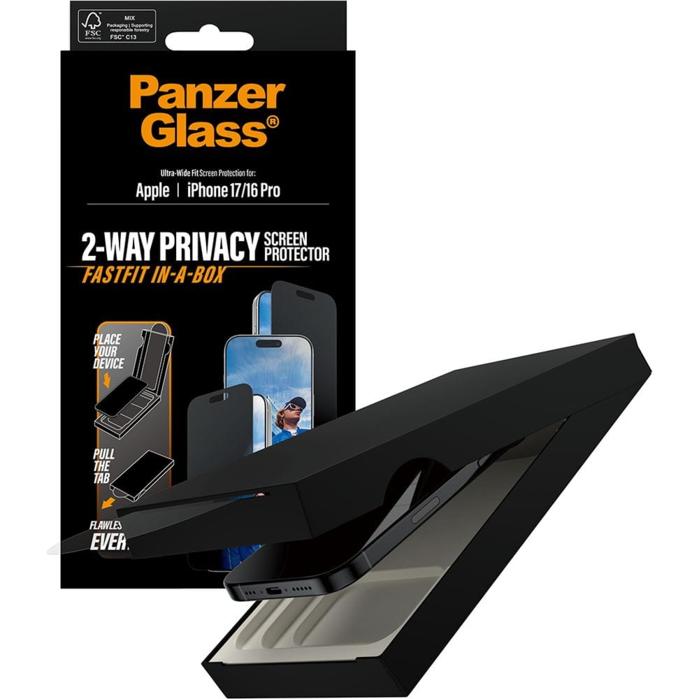 Szkło prywatyzujące z aplikatorem PanzerGlass 2-way Privacy Ultra-Wide Fit Fastfit do iPhone 17 / 16 Pro