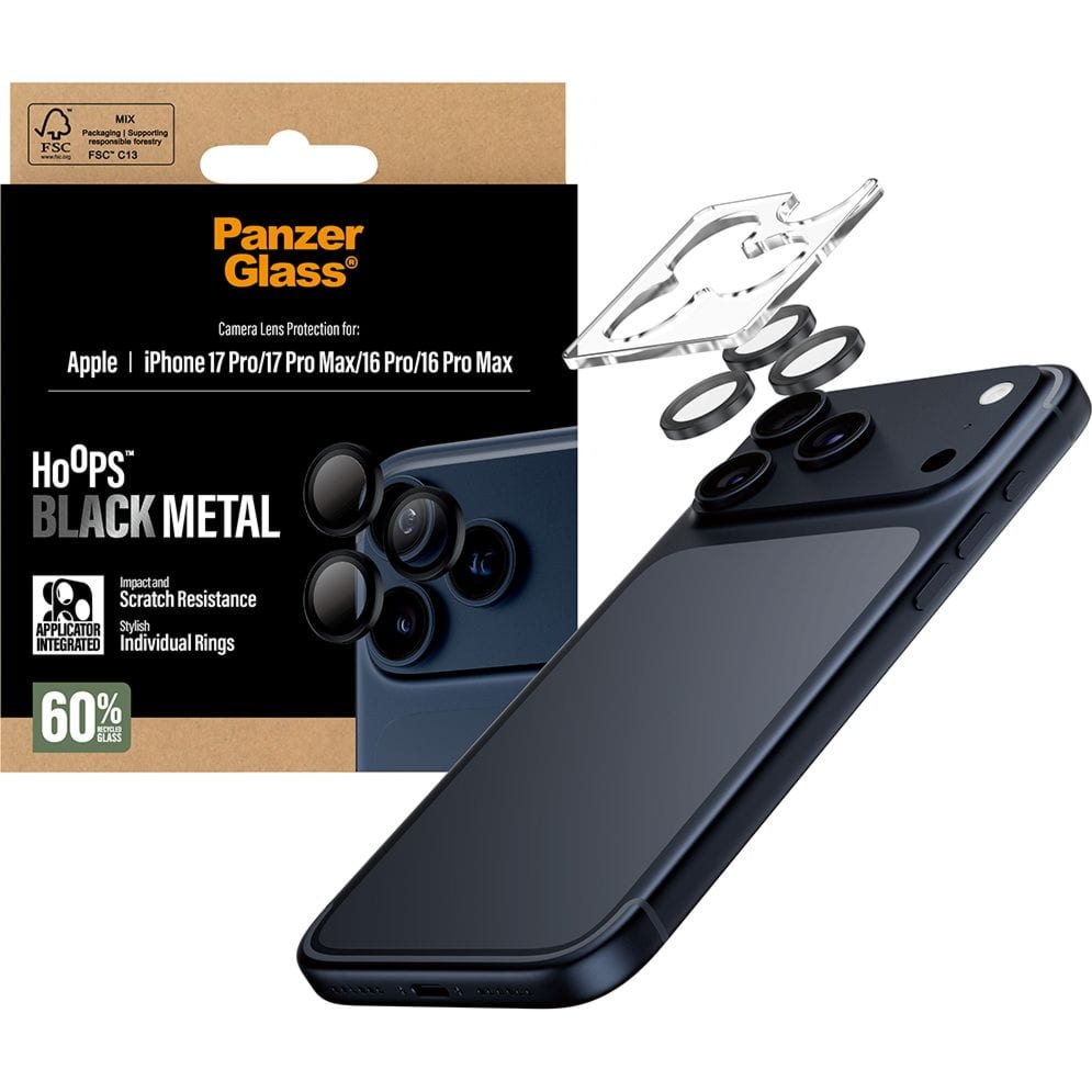 Szkło hartowane na aparat z aplikatorem PanzerGlass Hoops do iPhone 17 Pro Max / 17 Pro / 16 Pro Max / 16 Pro, przezroczysto-czarne