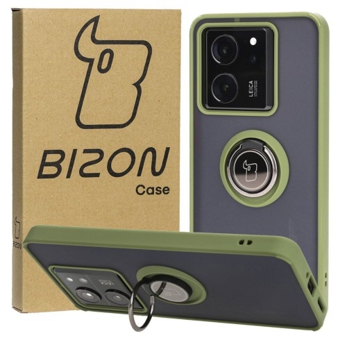 Image of Etui z uchwytem na palec Bizon Case Hybrid Ring do Xiaomi 13T Pro / 13T, przydymione z zieloną ramką