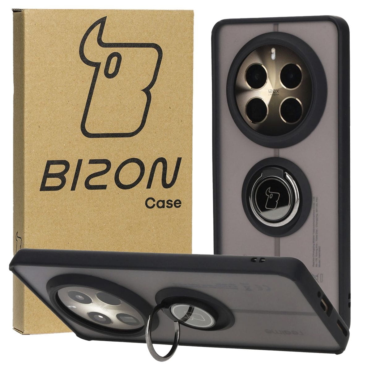 Image of Etui z uchwytem na palec Bizon Case Hybrid Ring do Realme 12 Pro / 12 Pro+, przydymione z czarną ramką