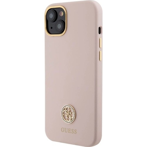 Image of Etui Guess Silicone Logo Strass 4G do iPhone 15, pudrowe różowe