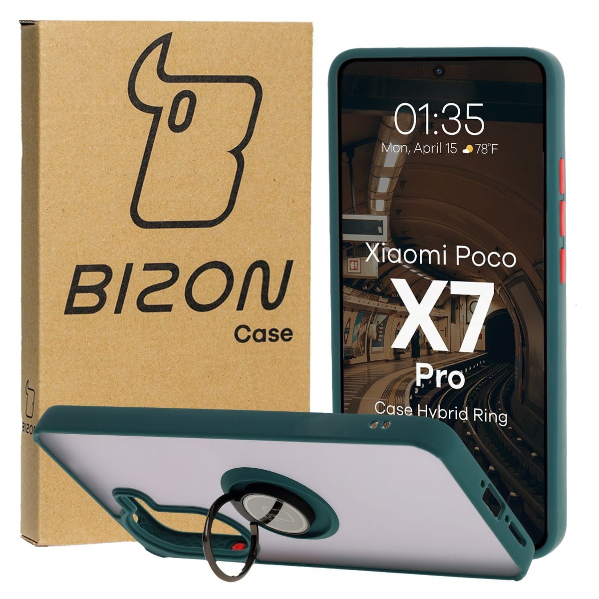 Image of Etui z uchwytem na palec Bizon Case Hybrid Ring do Xiaomi Poco X7 Pro, przydymione z ciemnozieloną ramką