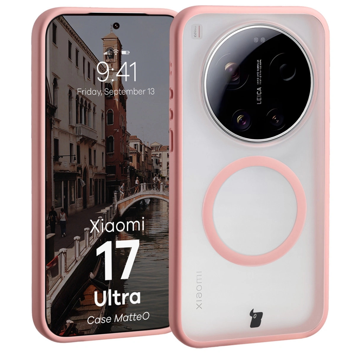 Etui z pierścieniem magnetycznym Bizon Case MatteO do Xiaomi 17 Ultra, przydymione-jasnoróżowe