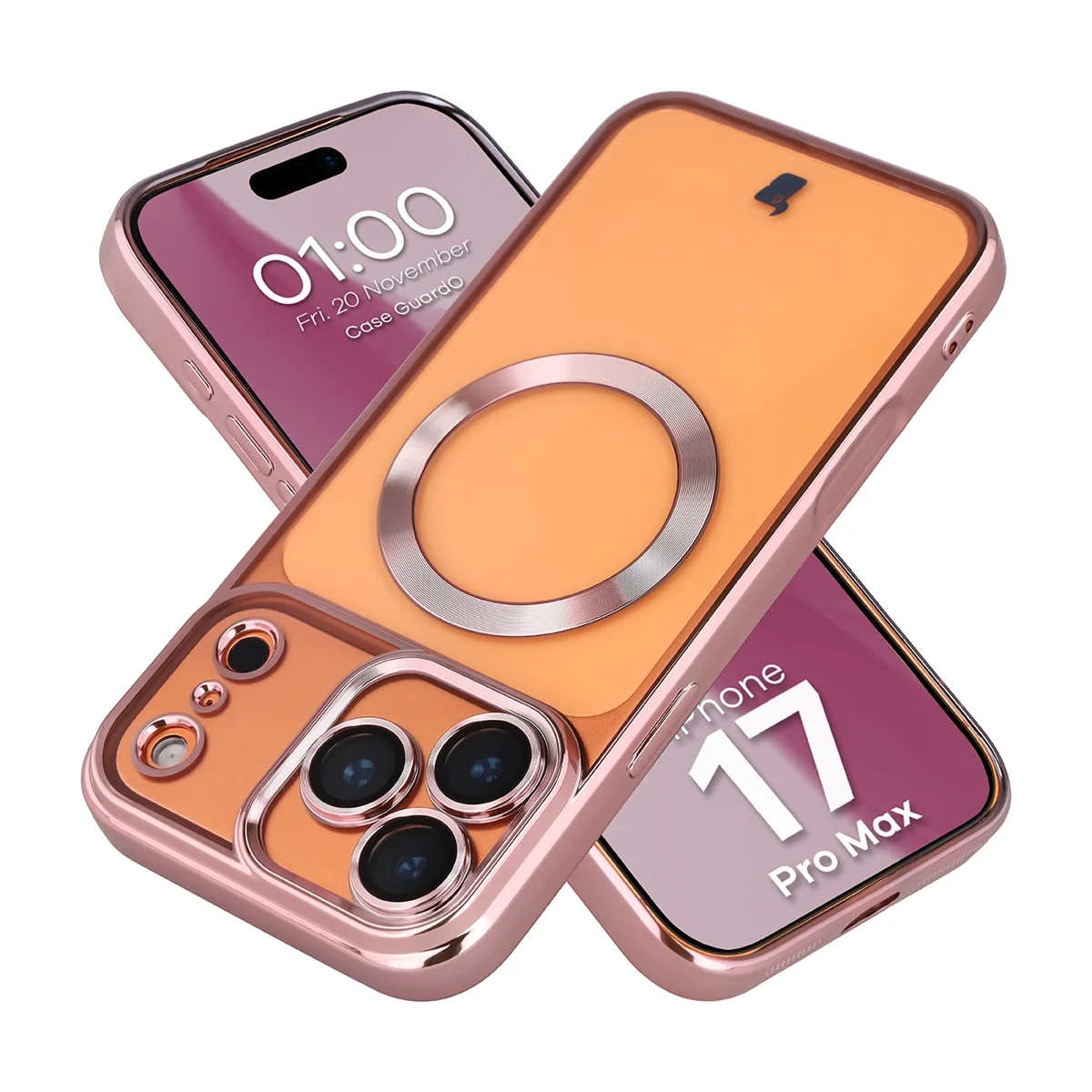 Etui z ochroną aparatu i pierścieniem magnetycznym Bizon Case GuardO do iPhone 17 Pro Max, przezroczysto-różowe