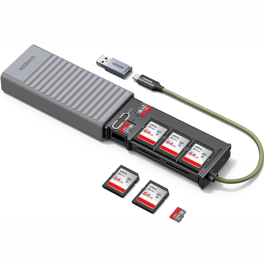 Adapter, czytnik kart SD / microSD, USB-A / USB-C, Ugreen CM856, szary