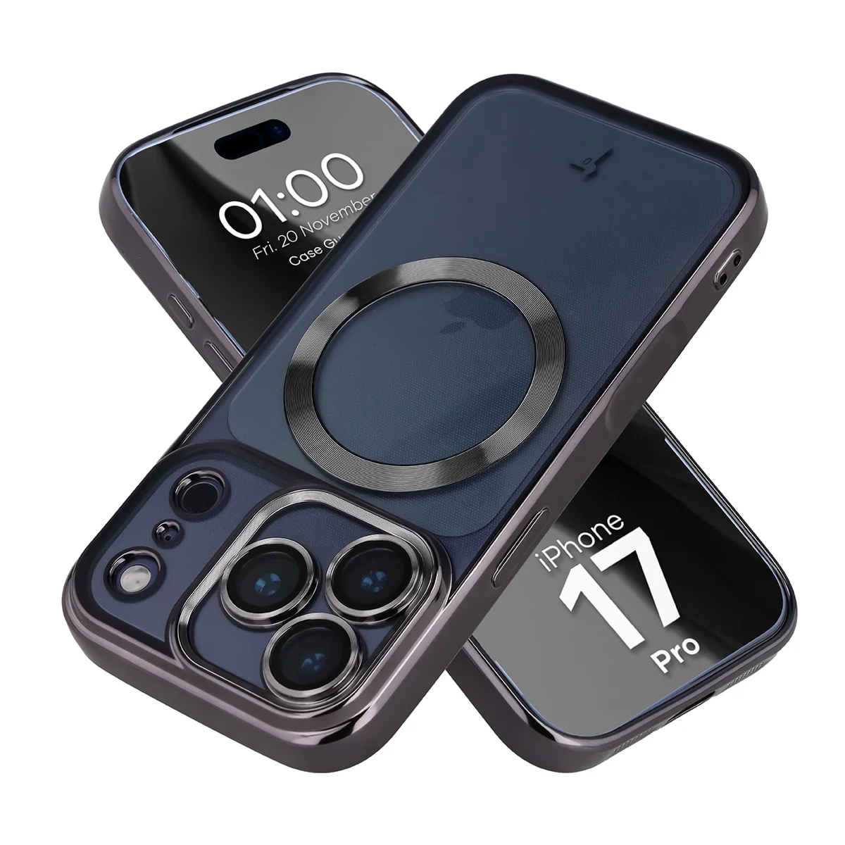 Etui z ochroną aparatu i pierścieniem magnetycznym Bizon Case GuardO do iPhone 17 Pro, przezroczysto-czarne