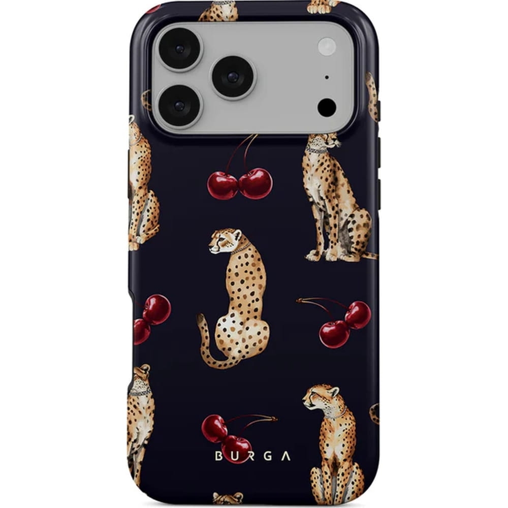 Etui Burga Cougar Tough Magnetic do iPhone 17 Pro Max, granatowe z wiśniami i gepardem