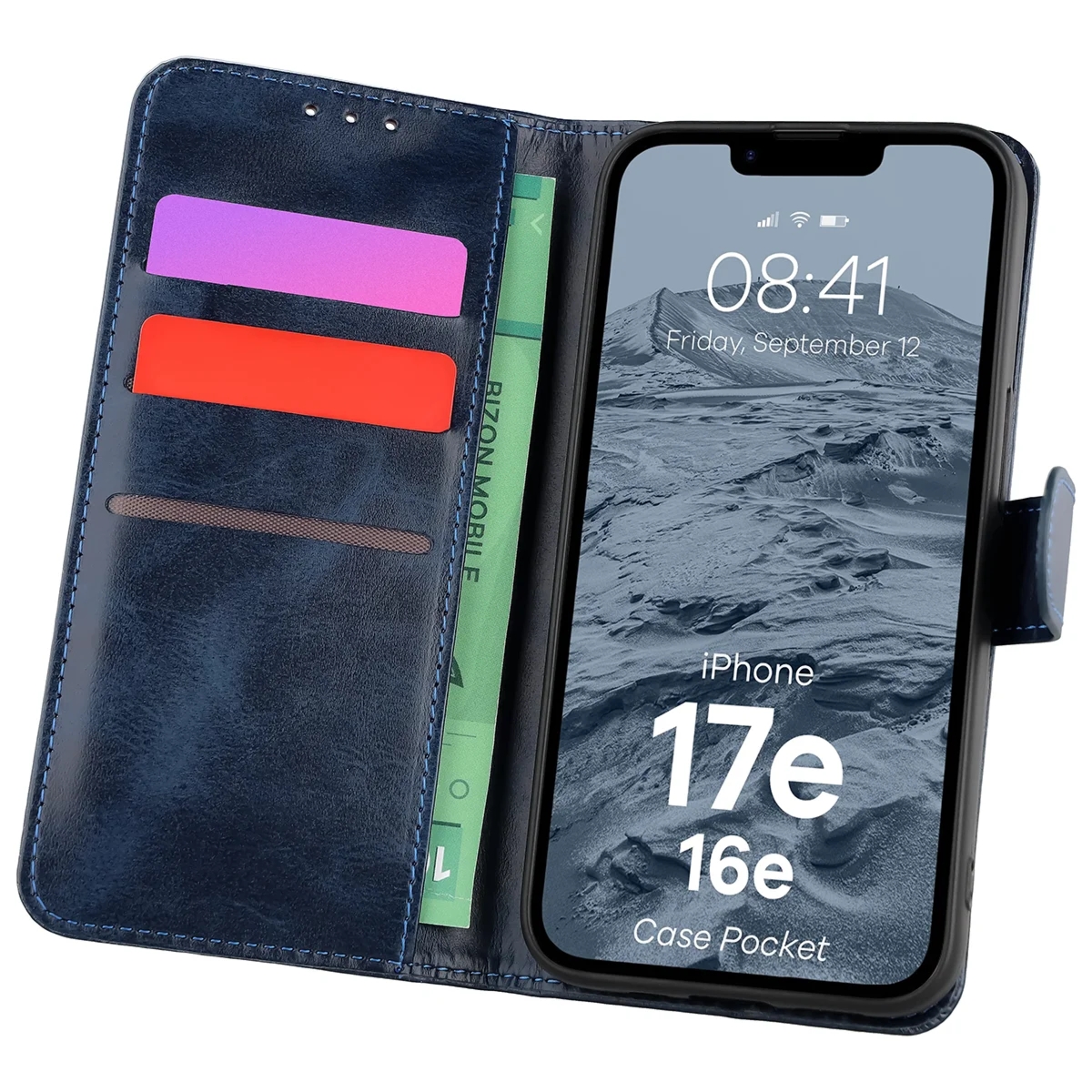 Etui z klapką Bizon Case Pocket do iPhone 17e / 16e, granatowe