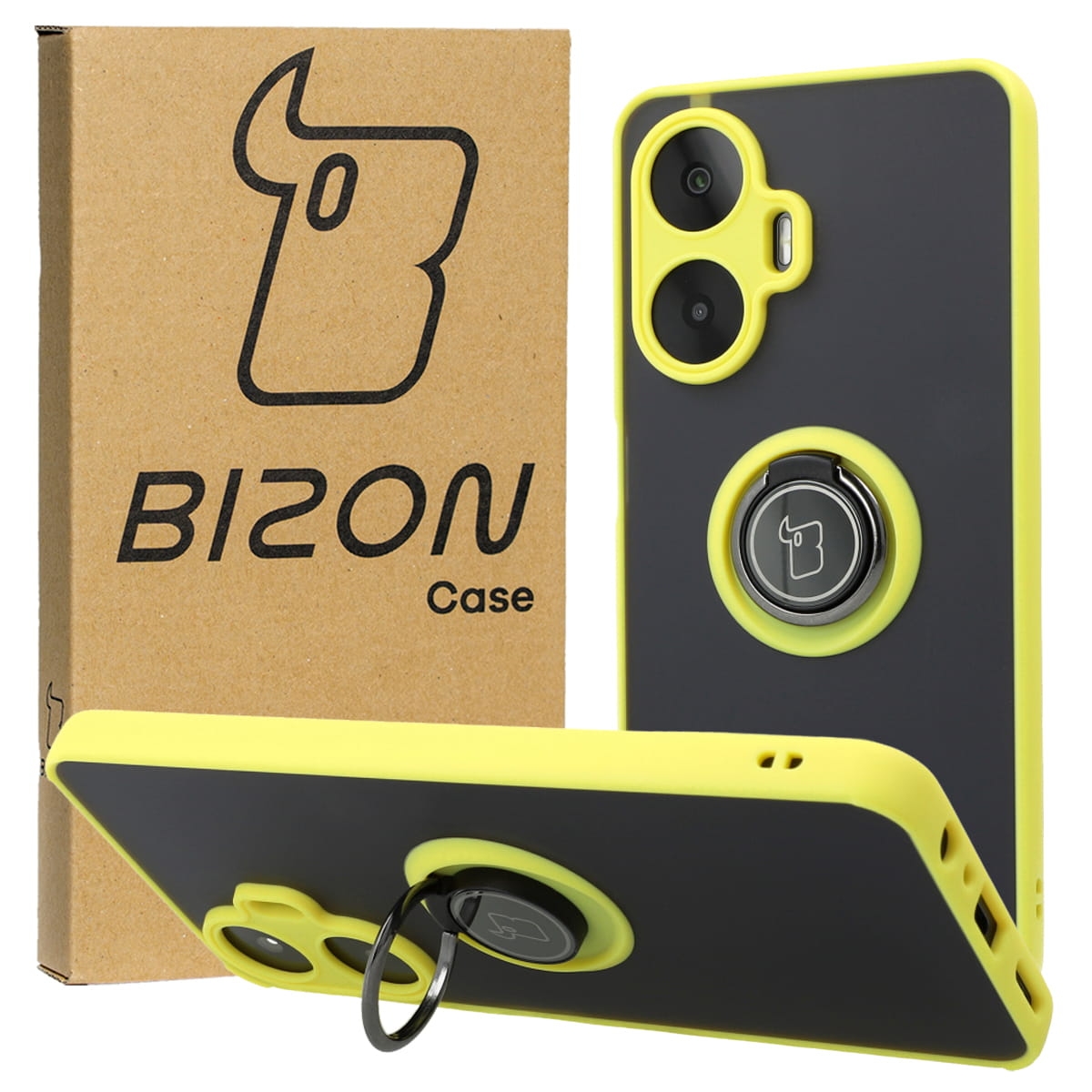 Image of Etui z uchwytem na palec Bizon Case Hybrid Ring do Realme C55, przydymione z żółtą ramką