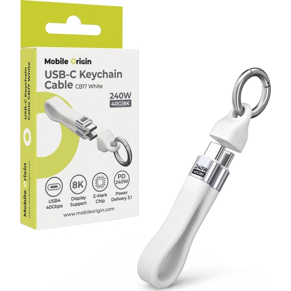 Kabel z karabińczykiem USB-C – USB-C, 240W PD 3.1, 8K/60Hz, Mobile Origin CB17, USB4 40 Gb/s, biały